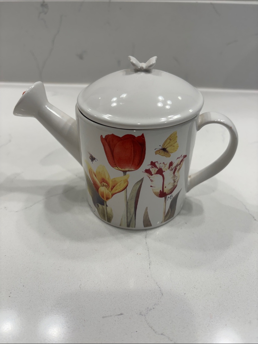 White Porcelain Floral Teapot with Tulip & Butterfly Accents